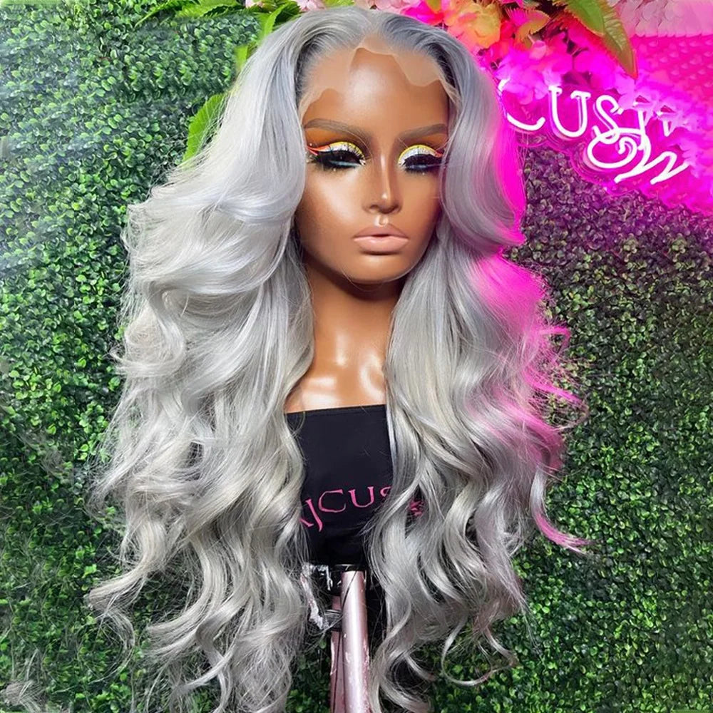 Silver Grey HD Transparent Lace Frontal Wig 12A Brazilian Body Wave Wig