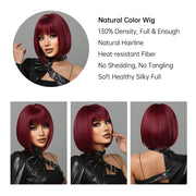 Burgundy Bob Wigs With Thick Bangs Heat Resistant Synthetic Wig