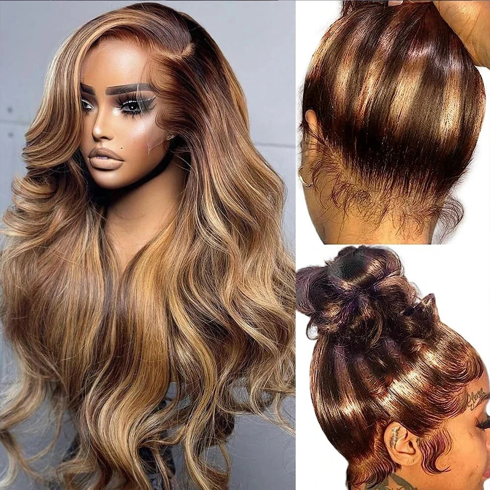 Invisible Strap HD 360 Full Lace Glueless Wig Human Hair With Drawstring Highlight 250 Density Body Wave