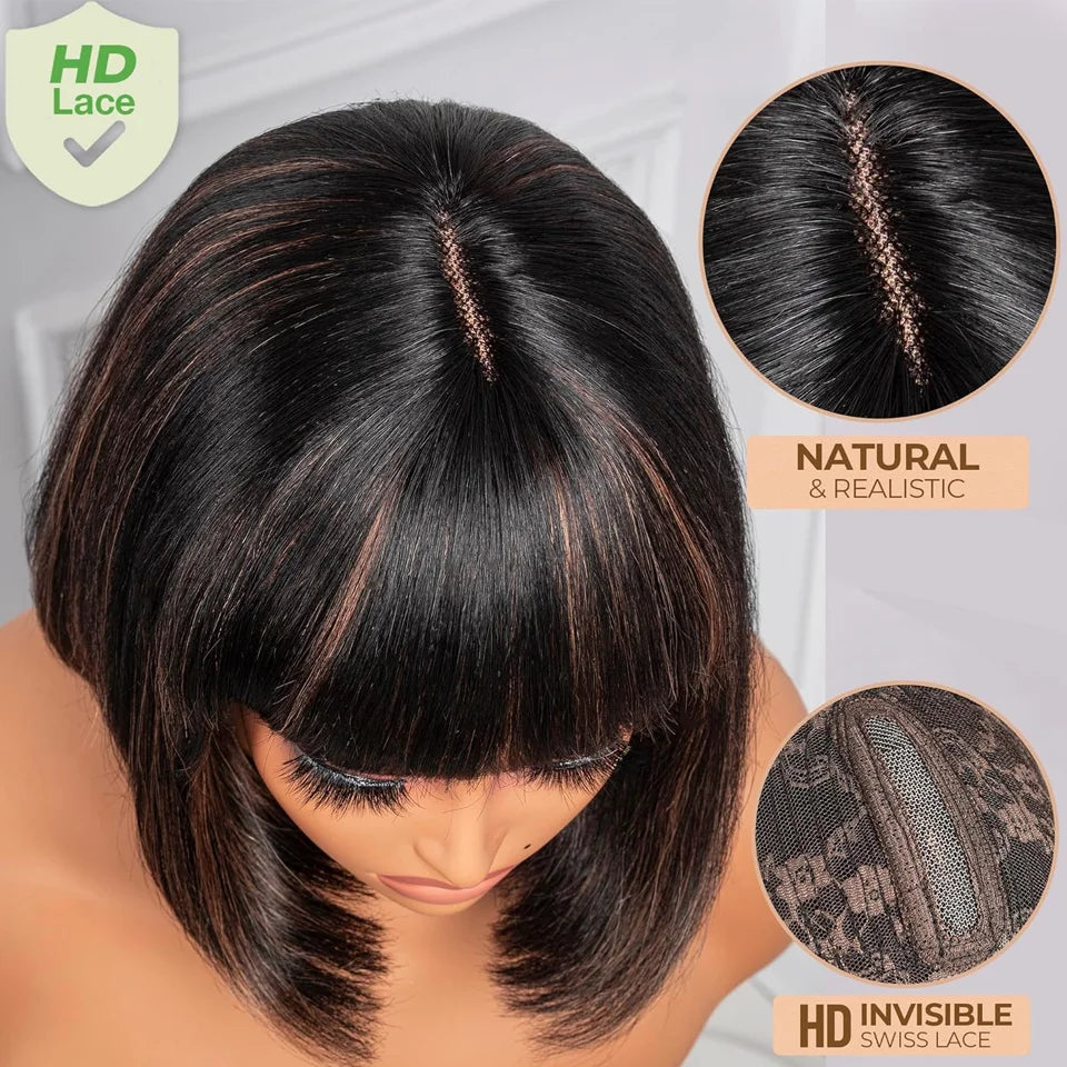 Glueless Human Hair Wig Ready To Wear Brazilian Bob  With Bangs