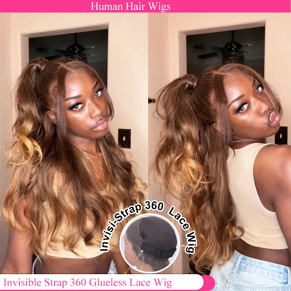 Invisible Strap HD 360 Full Lace Glueless Wig Human Hair With Drawstring Highlight 250 Density Body Wave