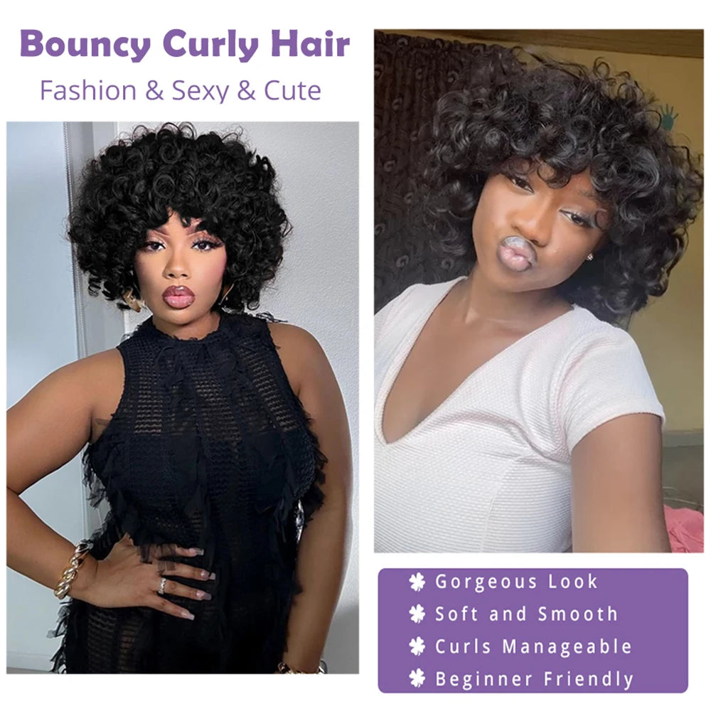 Short Bouncy Curly Bob Wig With Bangs  Human Hair Wig
