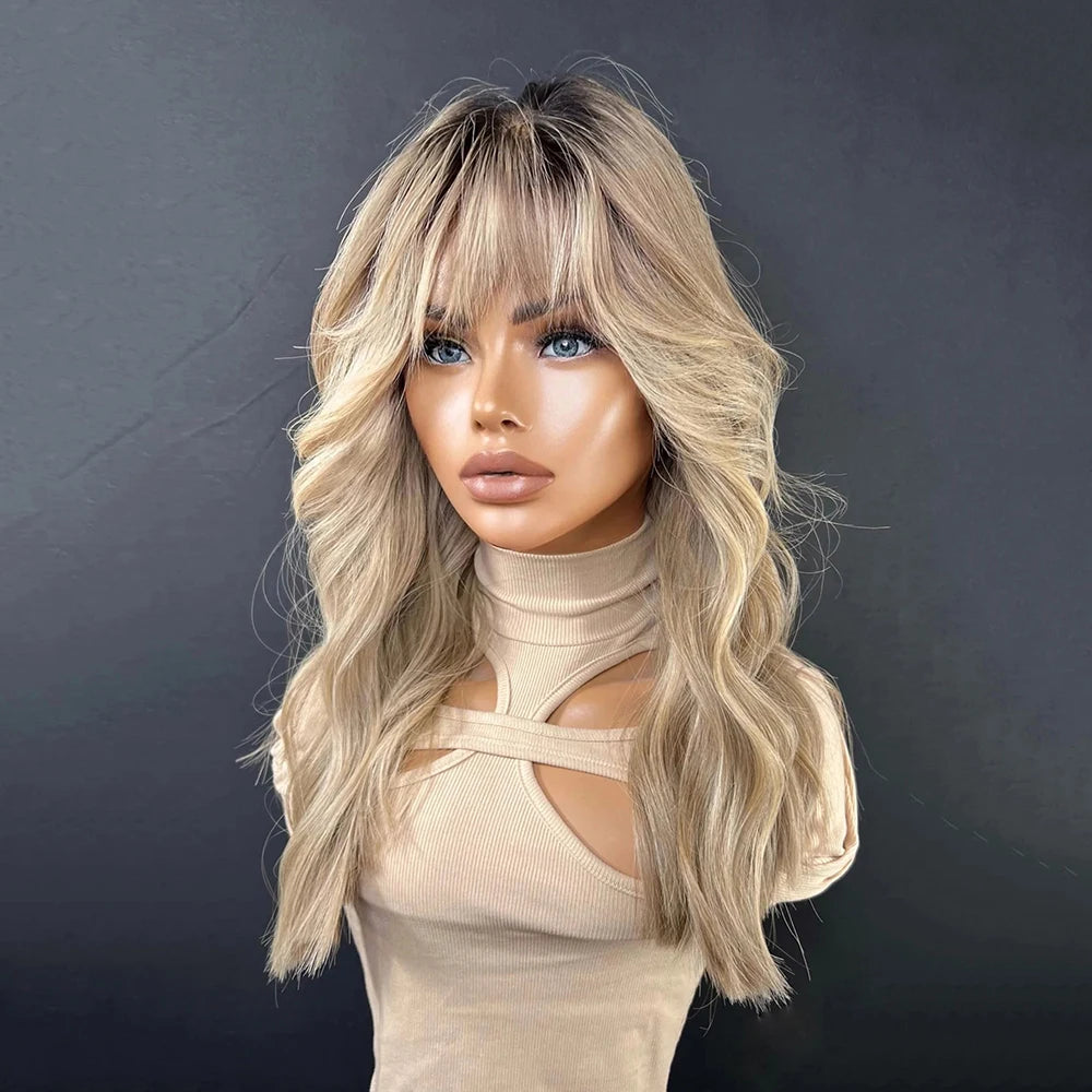 Brazilian Human Hair Highlights Warmth Blonde Dark Roots  with Bangs Natural Wave Glueless