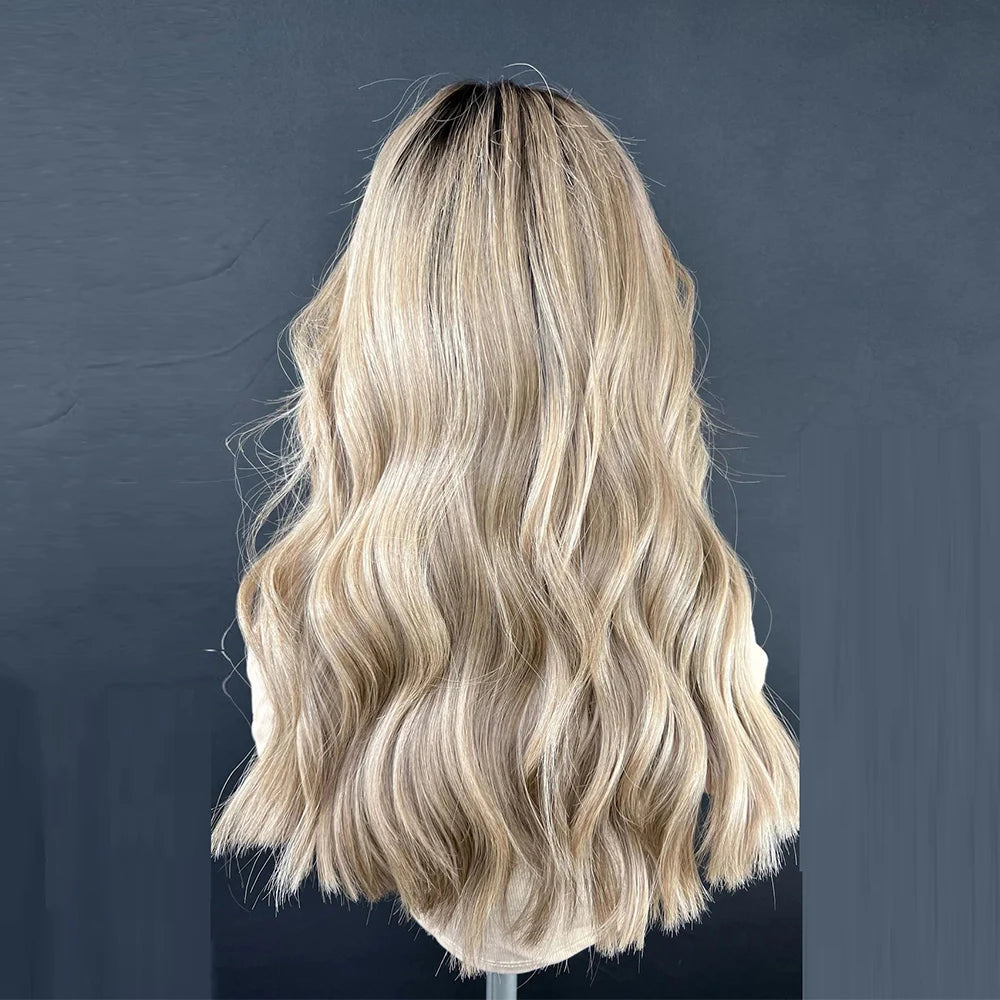 Brazilian Human Hair Highlights Warmth Blonde Dark Roots  with Bangs Natural Wave Glueless