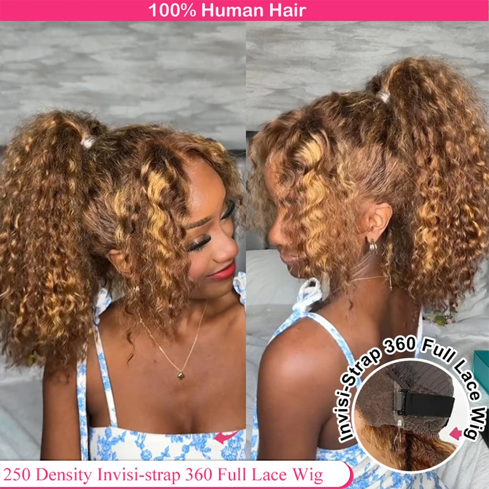 Highlight Invisi-Strap HD 360 Lace Front Wig 250 Density Highlight Wig Human Hair Deep Curly Preplucked