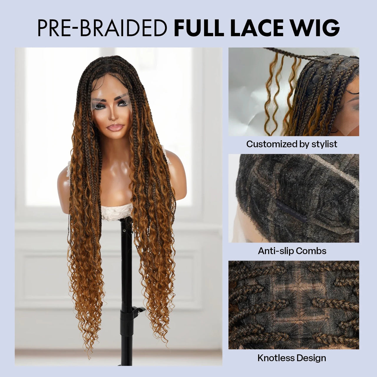 Glueless Full Lace Braided Wig Medium Knotless Boho Box Braid Deep Bulk 1B/27 36" BW Unit11