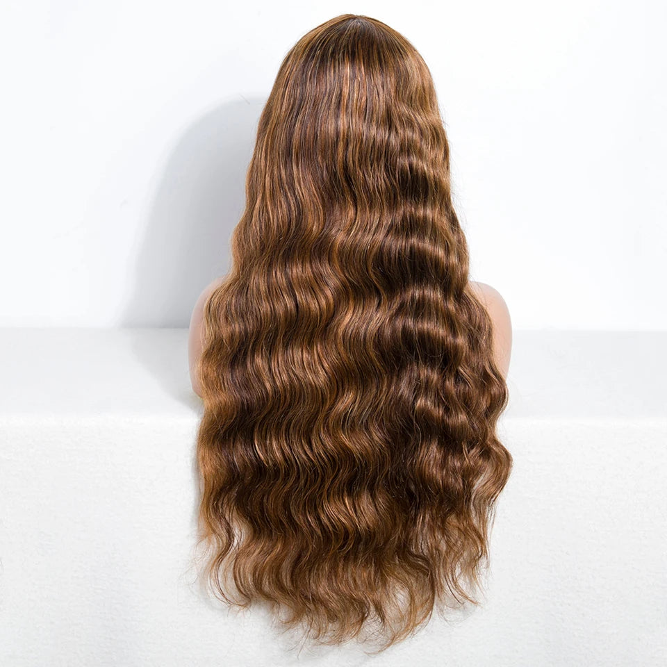 Highlight Brown Body Wave Bangs Wig Human Hair Wigs 180% Density Brazilian Virgin Human Hair Glueless Wear And Go Body Wave Wigs