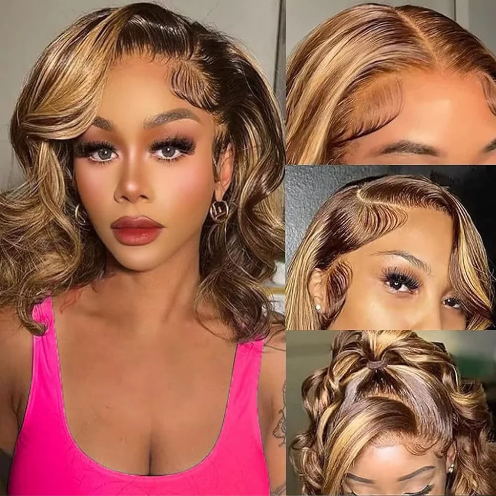 Highlight Body Wave Bob Wig Human Hair 13X4 Lace Front Human Hair Wigs Honey Blonde HD Transparent Lace Frontal Wig