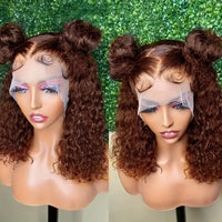 Thumbnail for 13x4 Short Bob Wigs 100% Human Hair Chocolate Brown Deep Wave Human Hair Wig #4 Brown Curly Frontal Wigs
