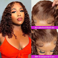 Thumbnail for 13x4 Short Bob Wigs 100% Human Hair Chocolate Brown Deep Wave Human Hair Wig #4 Brown Curly Frontal Wigs
