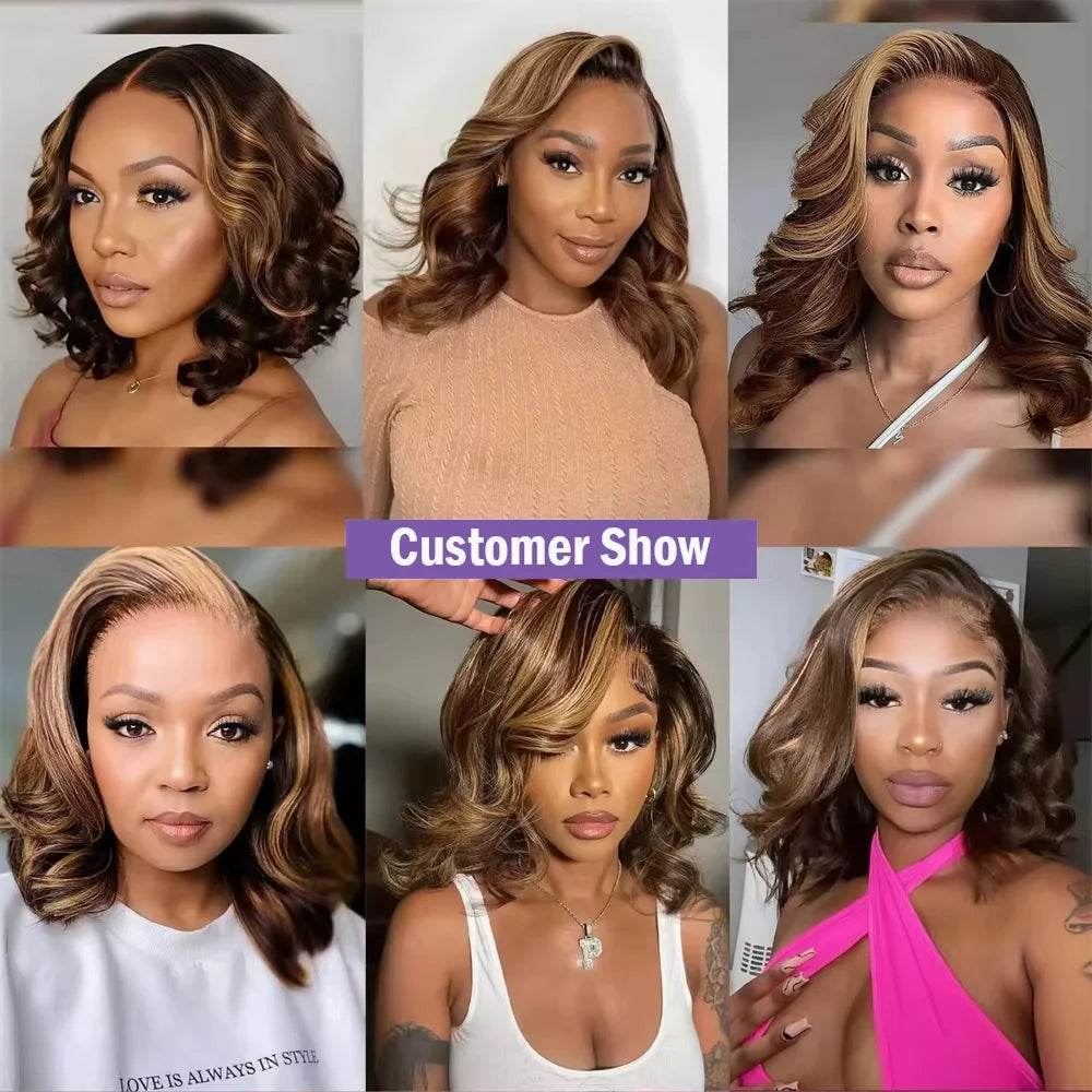 Highlight Body Wave Bob Wig Human Hair 13X4 Lace Front Human Hair Wigs Honey Blonde HD Transparent Lace Frontal Wig