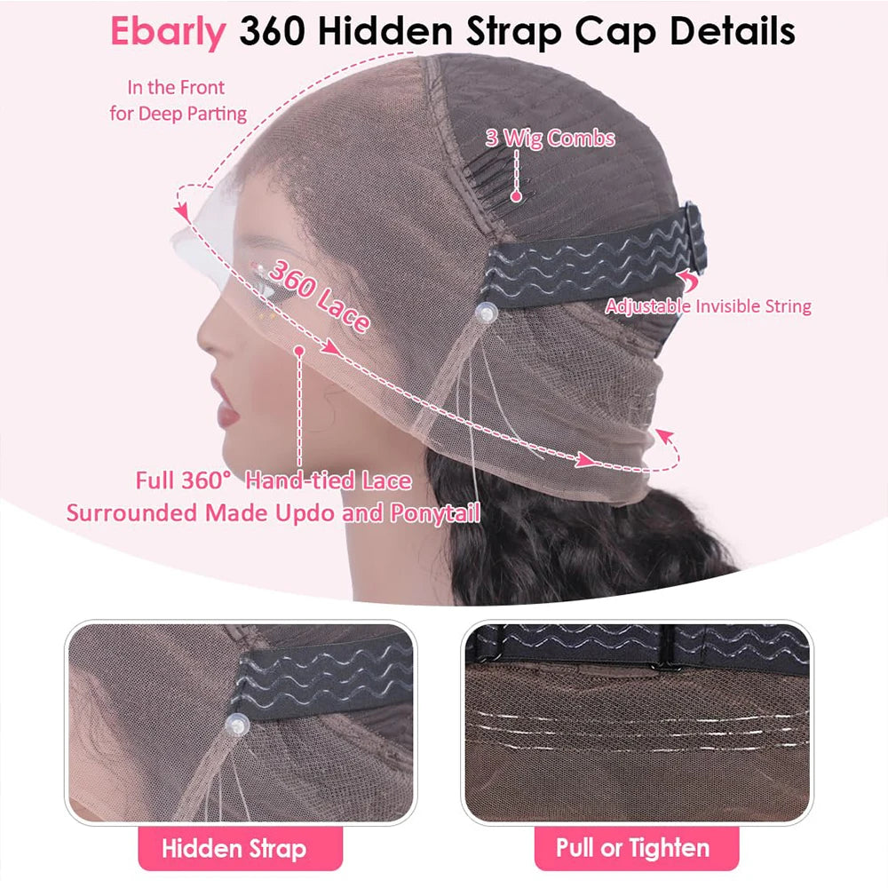 Invisi Strap HD 360 Full Lace Wig Human Hair Precut Drawstring Snug Fit Glueless Wig Preplucked