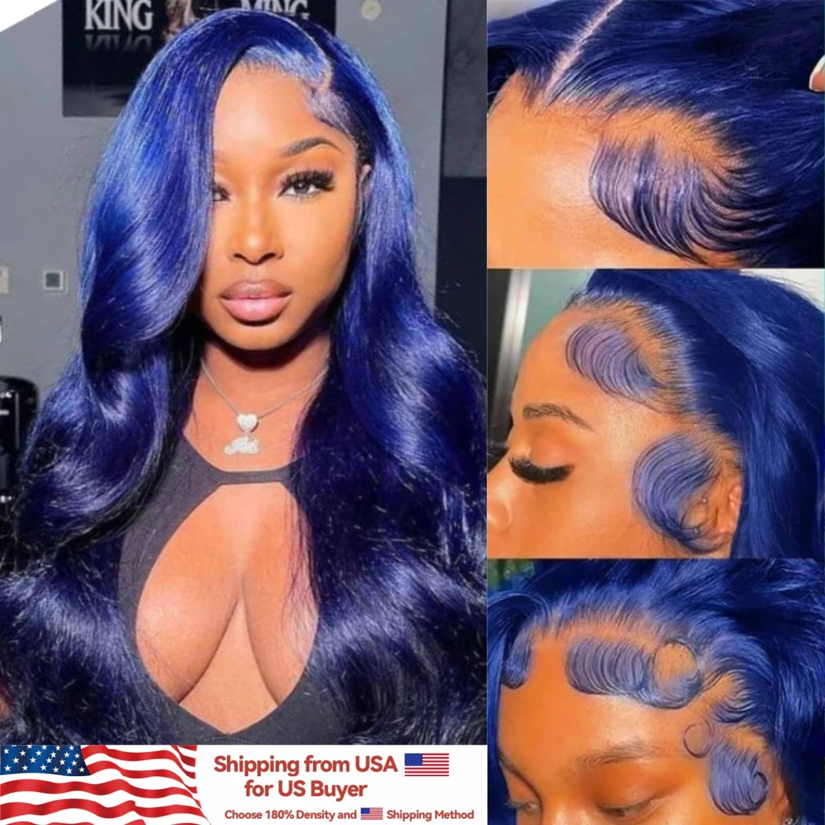 Navy Blue Color Body Wave Human Hair Lace Frontal Wigs Brazilian Blue HD Transparent Lace Front Wigs  Pre Plucked