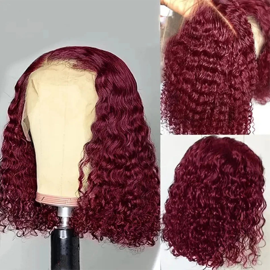 Curly 99J Burgundy Human Hair Lace Frontal Wig 100% Real Human Hair