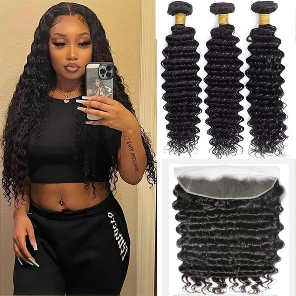 Deep Wave Bundles with Lace Frontal Closure Brazilian 100% Unprocessed Virgin Human Hair 3 Bundle with 13X4 Lace Frontal Closure