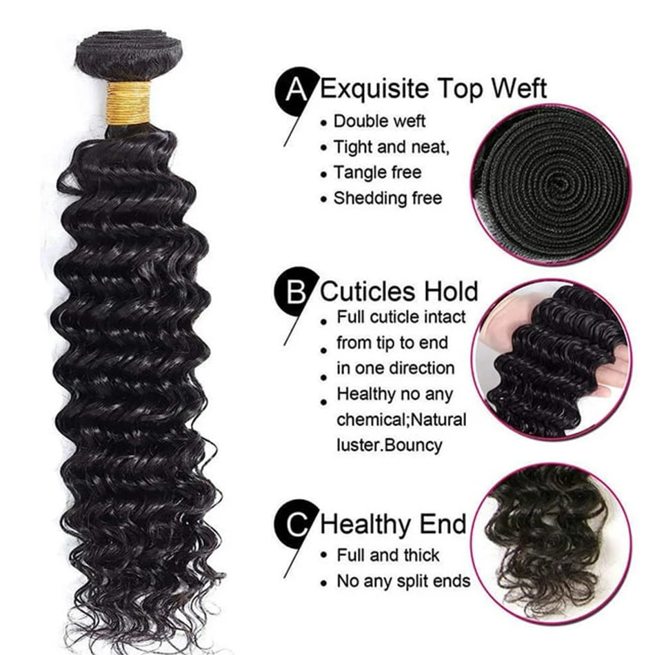 Deep Wave Bundles with Lace Frontal Closure Brazilian 100% Unprocessed Virgin Human Hair 3 Bundle with 13X4 Lace Frontal Closure
