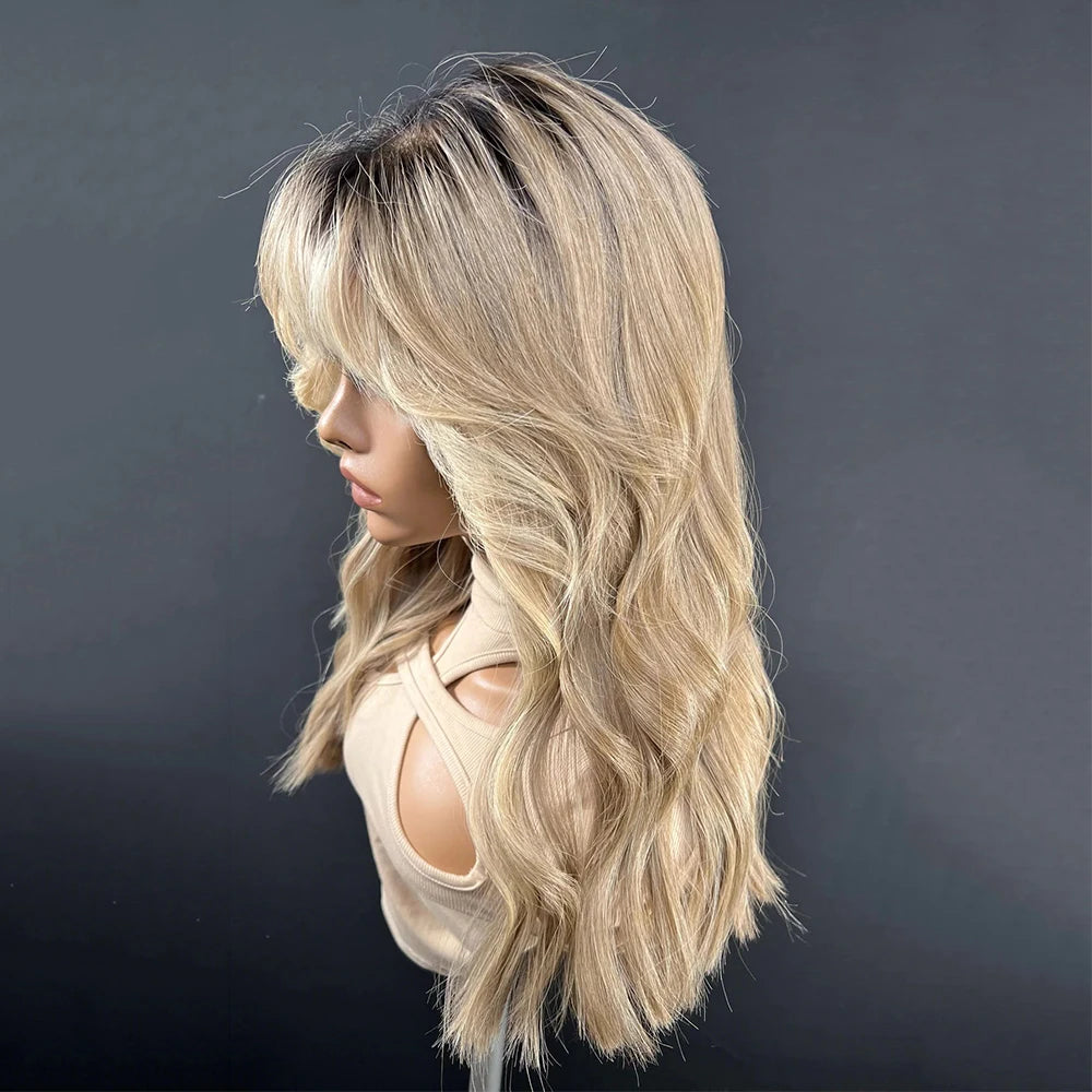 Brazilian Human Hair Highlights Warmth Blonde Dark Roots  with Bangs Natural Wave Glueless