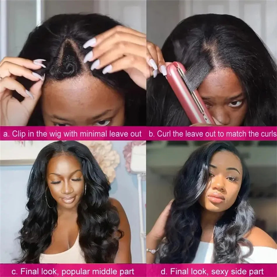 V Part 100% Human Hair Body Wave Machine Made Wig In Clip Wig Body Wave Wigs Peruvian
