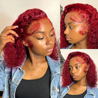 Thumbnail for Curly 99J Burgundy Human Hair Lace Frontal Wig 100% Real Human Hair