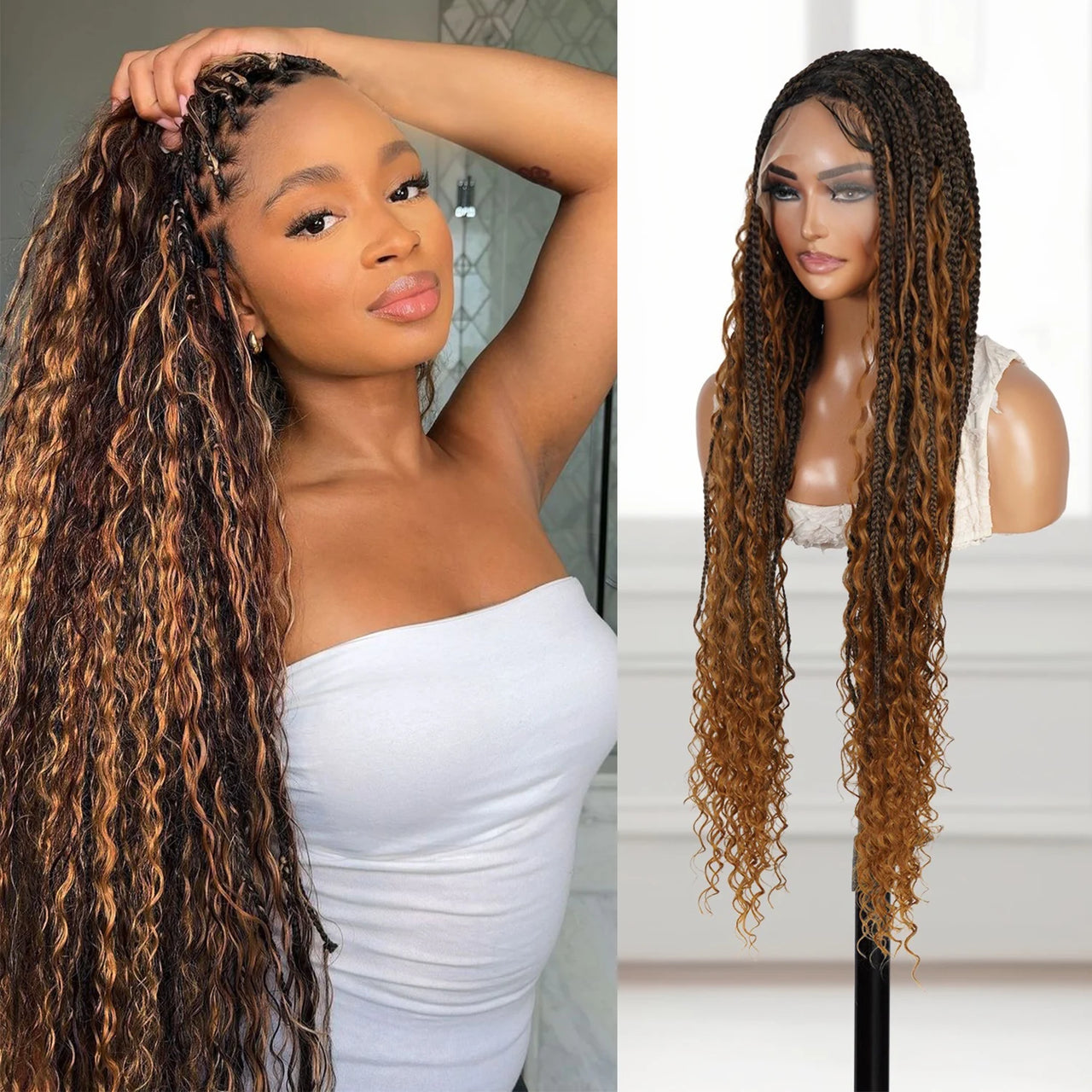 Glueless Full Lace Braided Wig Medium Knotless Boho Box Braid Deep Bulk 1B/27 36" BW Unit11