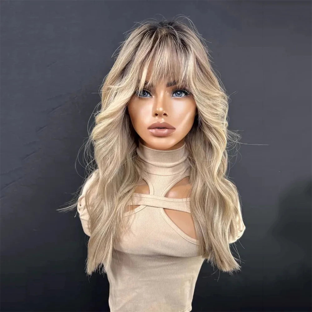 Brazilian Human Hair Highlights Warmth Blonde Dark Roots  with Bangs Natural Wave Glueless