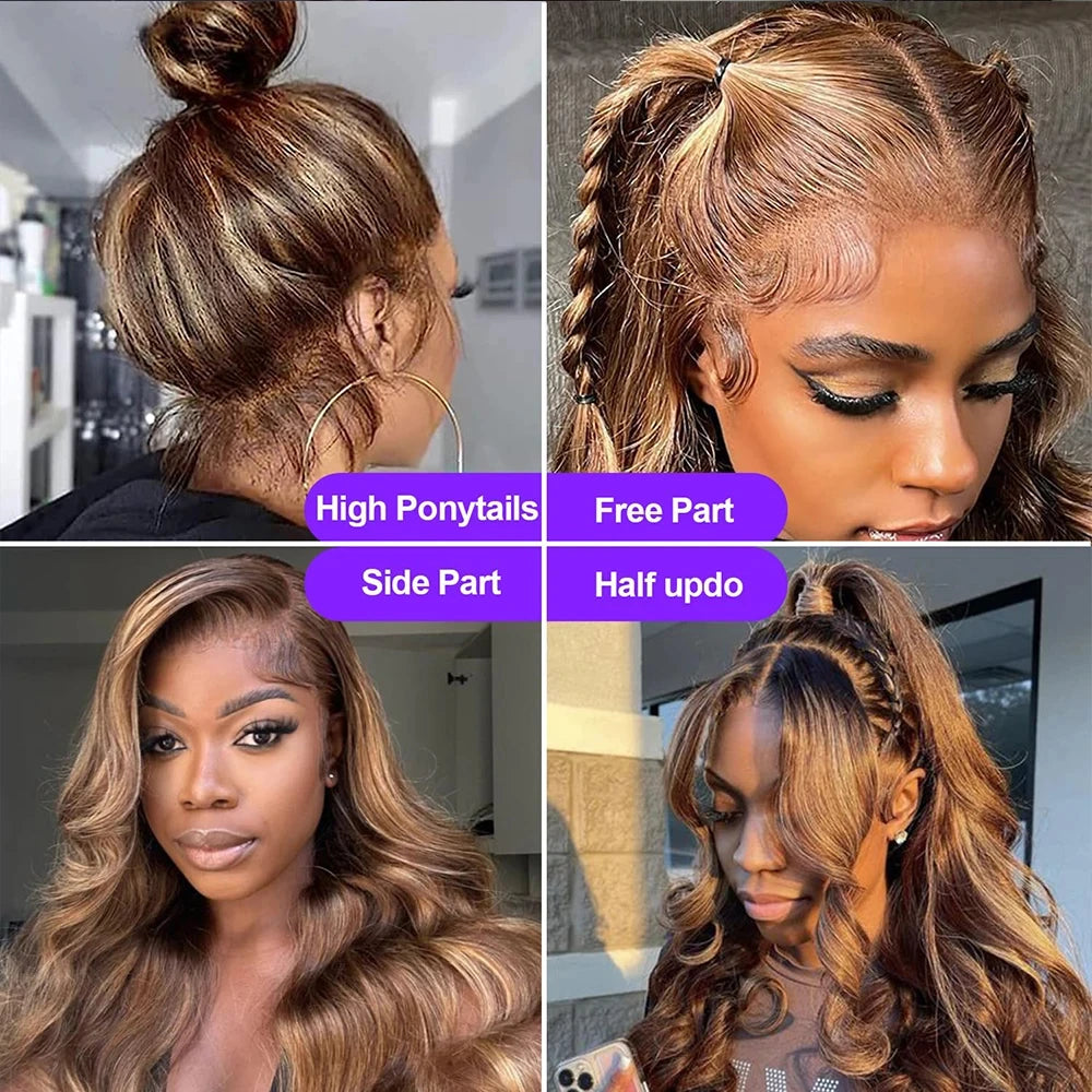 Invisible Strap HD 360 Full Lace Glueless Wig Human Hair With Drawstring Highlight 250 Density Body Wave