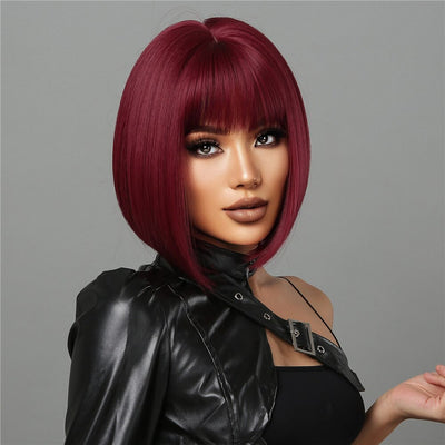 Burgundy Bob Wigs With Thick Bangs Heat Resistant Synthetic Wig