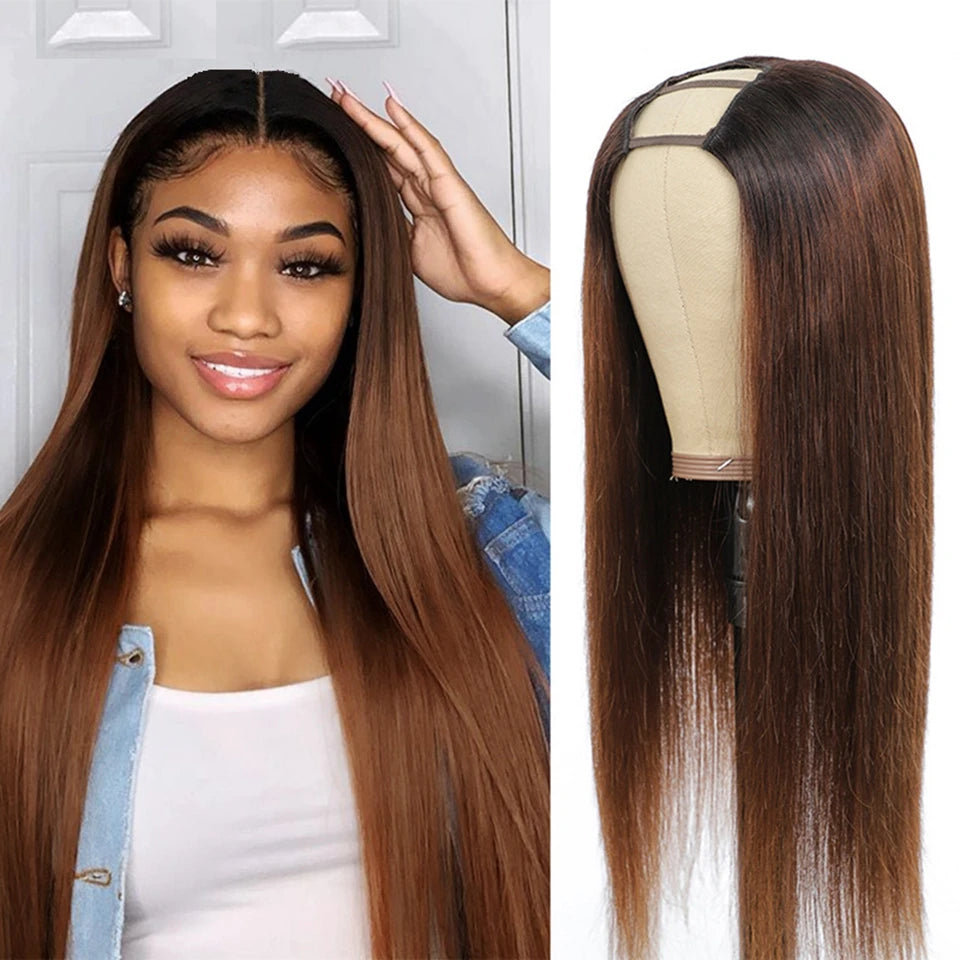 Ombre Blonde Human Hair U Part Wigs 180% Density Brazilian Remy Hair Wigs Straight Brown Middle Open Upart Wigs