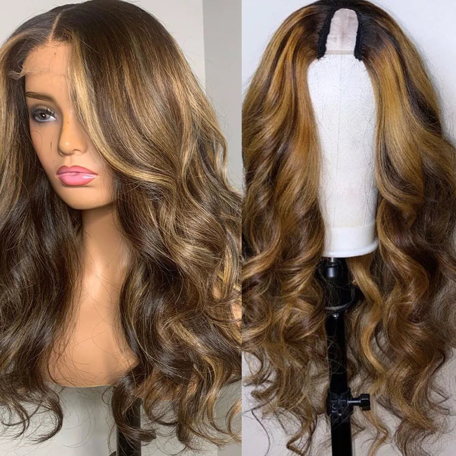 Loose Wave Honey Blonde Highlight Human Hair U part Wigs 180% Density Brazilian Remy Hair Wigs