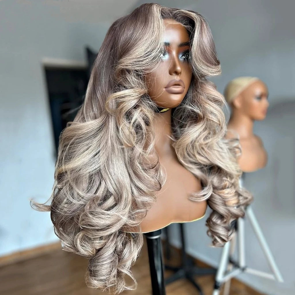 13x6HD Ombre Milk Tea Blonde Wig with Ash Blonde Baby Hair 200%Density Pre-Plucked Body Wave Brown Roots Human Hair Wigs