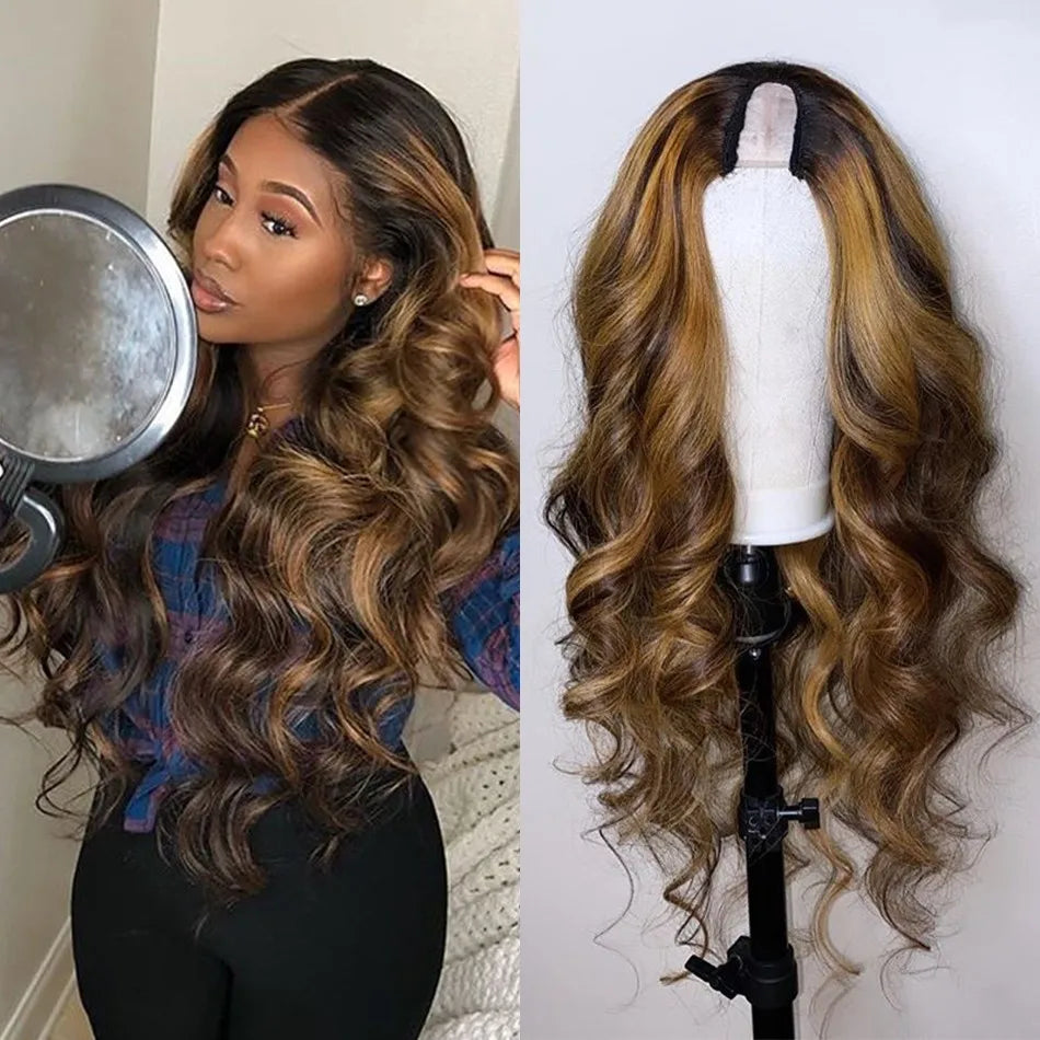 Loose Wave Honey Blonde Highlight Human Hair U part Wigs 180% Density Brazilian Remy Hair Wigs