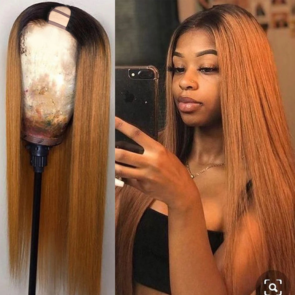 Ombre Blonde Human Hair U Part Wigs 180% Density Brazilian Remy Hair Wigs Straight Brown Middle Open Upart Wigs