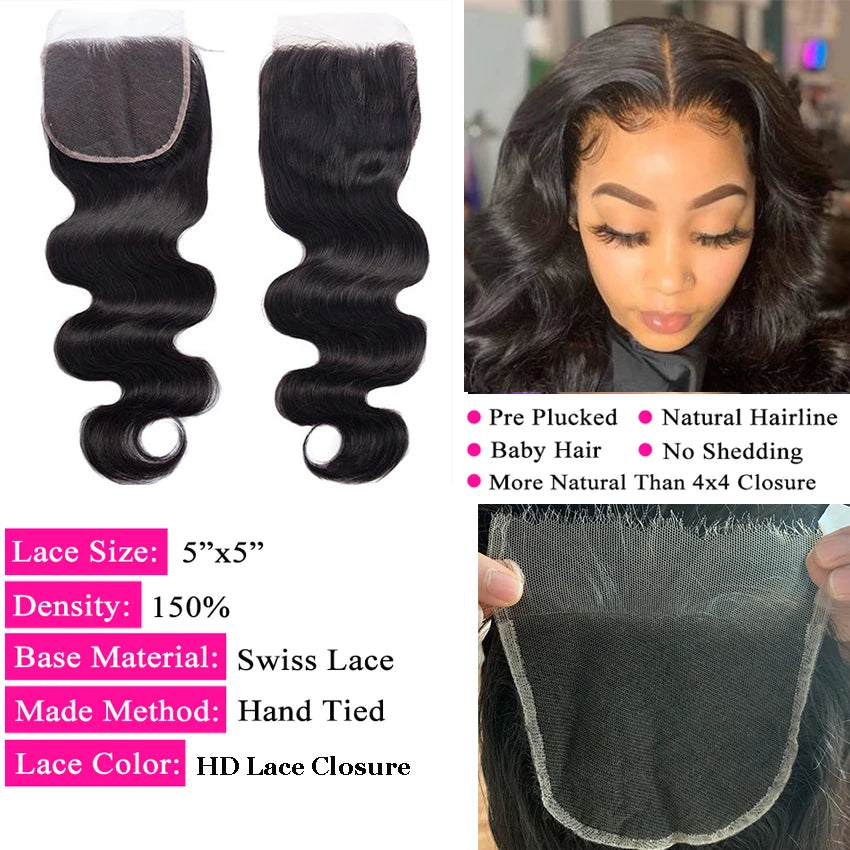 4x4 5x5 6x6 HD Lace Closure Only Body Wave Brazilian Human Hair