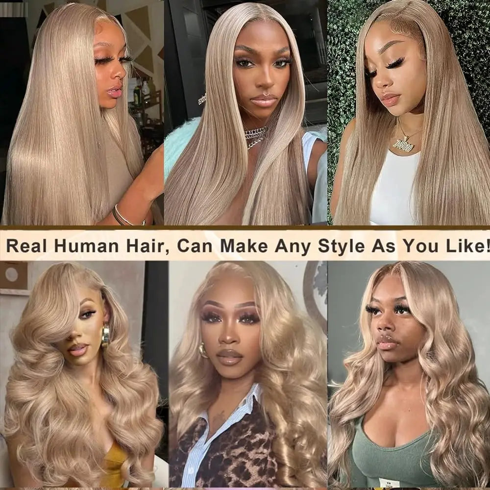 13x6HD Ombre Milk Tea Blonde Wig with Ash Blonde Baby Hair 200%Density Pre-Plucked Body Wave Brown Roots Human Hair Wigs