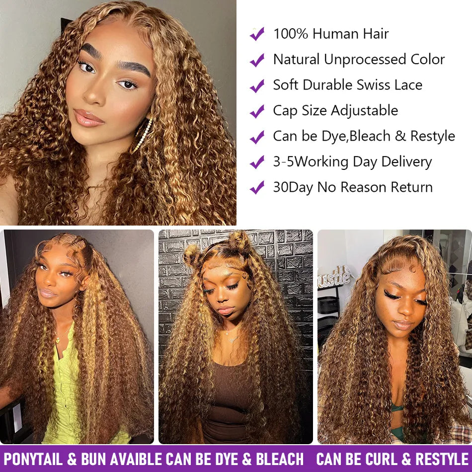 30 Inch Highlight Honey Brown Curly Lace Front Human Hair Wigs -Deep Wave Lace Frontal Wig