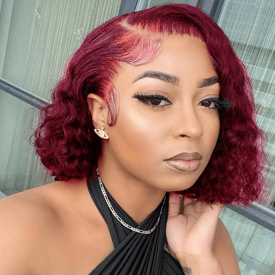 Curly 99J Burgundy Human Hair Lace Frontal Wig 100% Real Human Hair