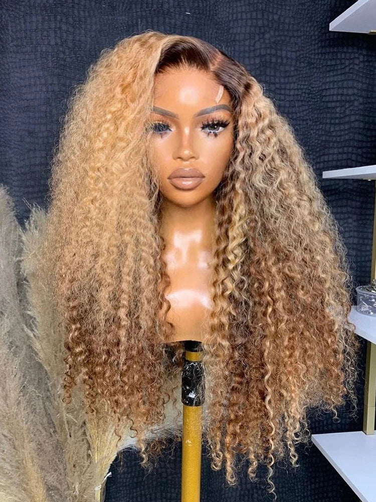 Ombre Honey Blonde Highlight Wig Human hair 13X6 Transparent Kinky Curly Lace Front Wigs with Brown Roots