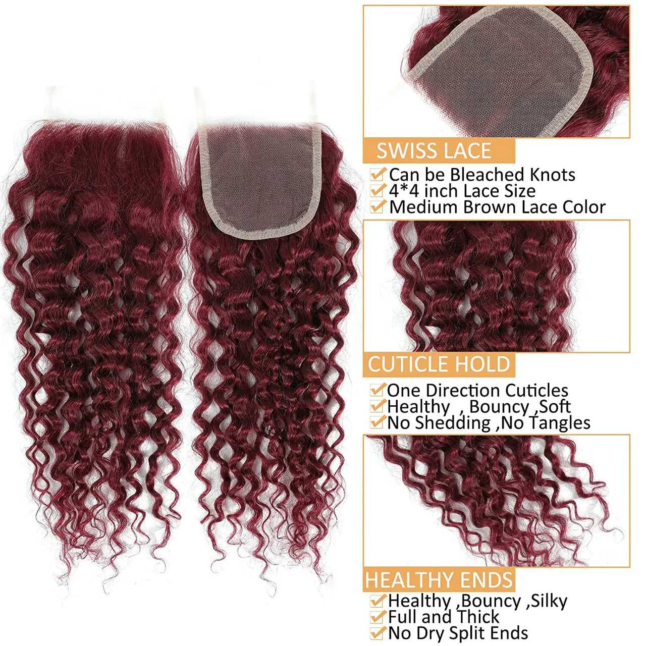 Curly Human Hair Weave Bundles With Closure 99J Red Hair Extensions Brazilian Burgundy 3