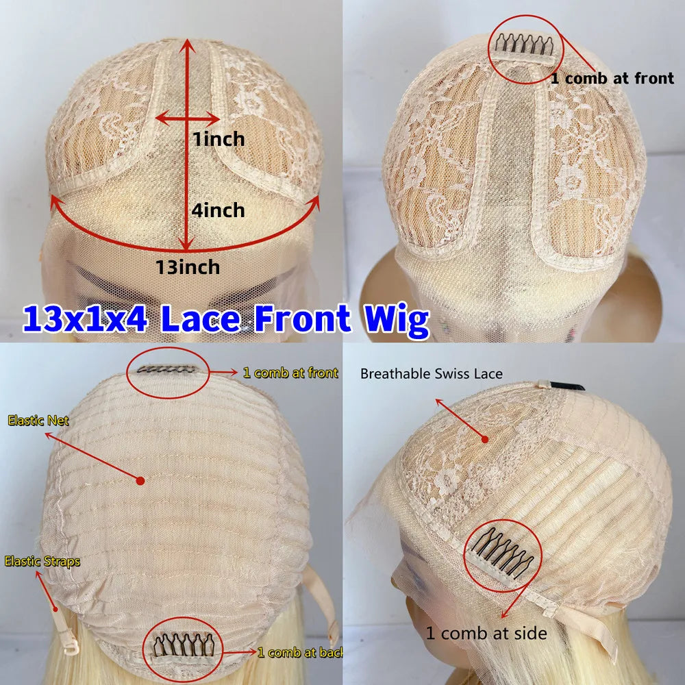 Short Bob human hair lace Wigs Ash Blonde Highlights Platinum Blonde