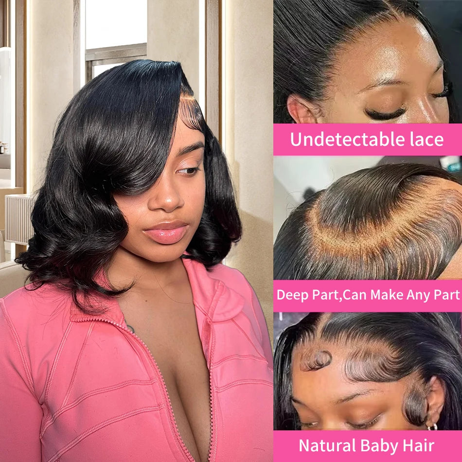 220 Density Body Wave Short Bob  Transparent Lace Front Human Hair