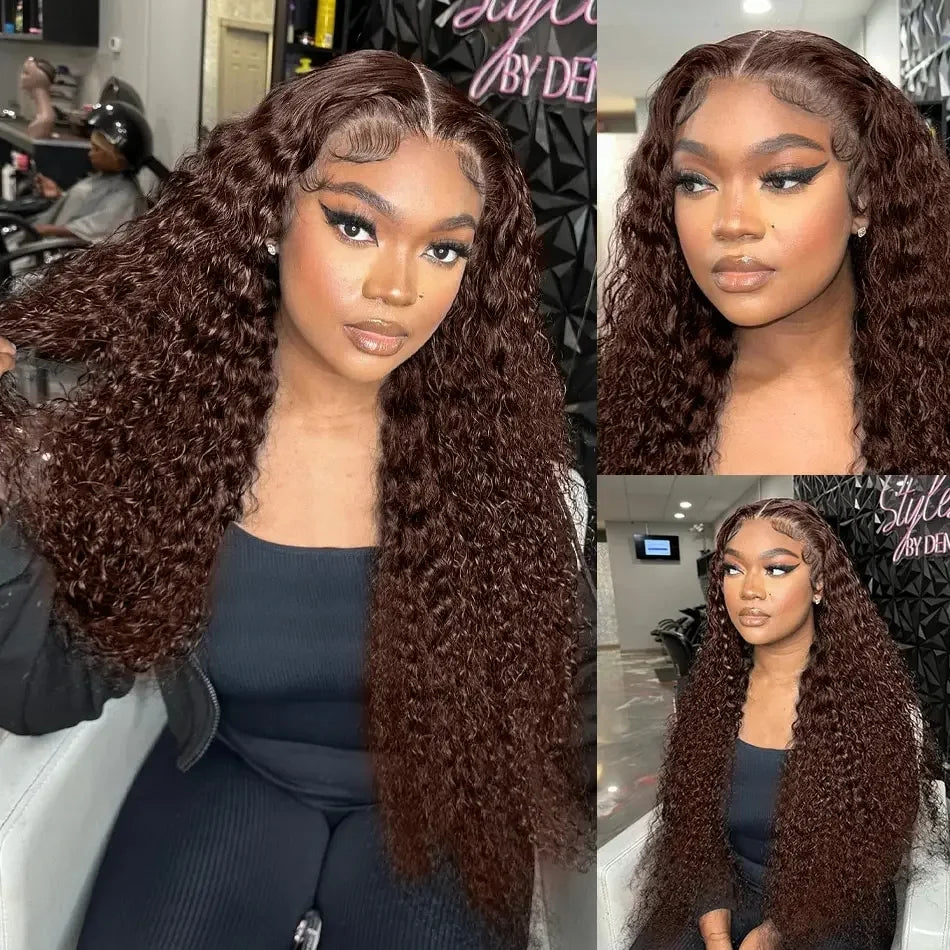 Brown HD Transparent Curly Lace Front Human Hair Wigs Deep Wave Frontal Wig Brazilian Chocolate Brown Water Wave Wigs Human Hair