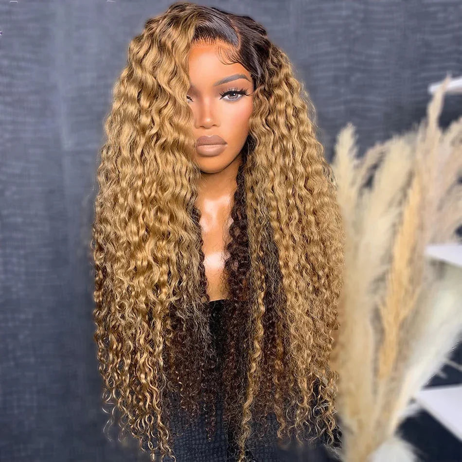 Soft 26Long Ombre Blonde Brown Kinky Curly 180Density Lace Front Wig SyntheticHeat Resistant Preplucked