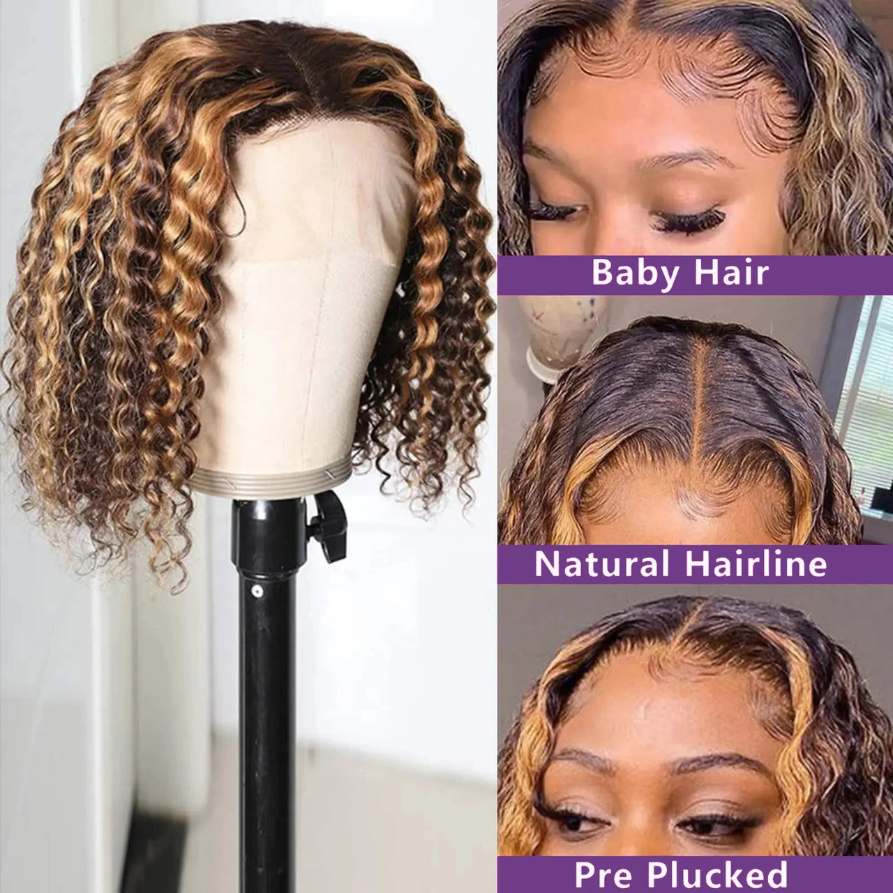 Highlight Color Short Bob Wigs Deep Wave Brazilian Human Hair Deep Curly