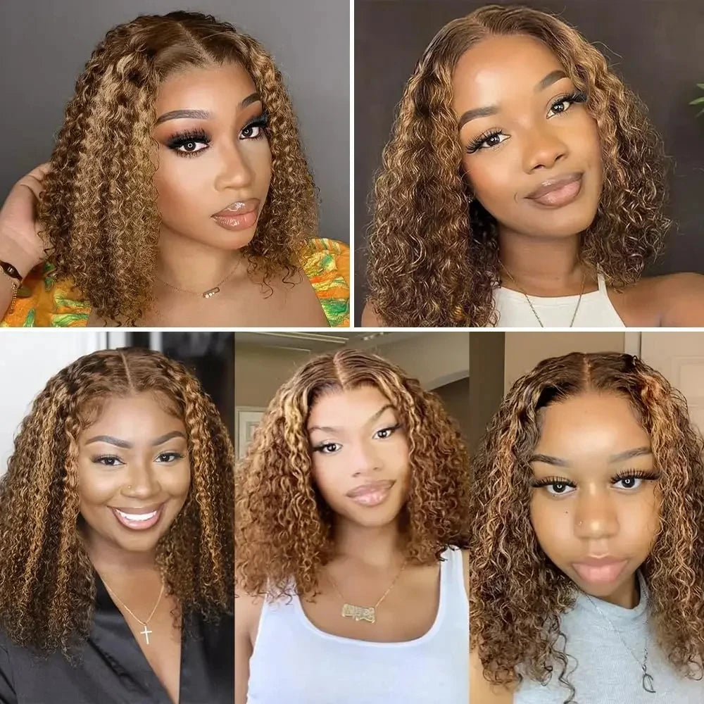 Highlight Color Short Bob Wigs Deep Wave Brazilian Human Hair Deep Curly