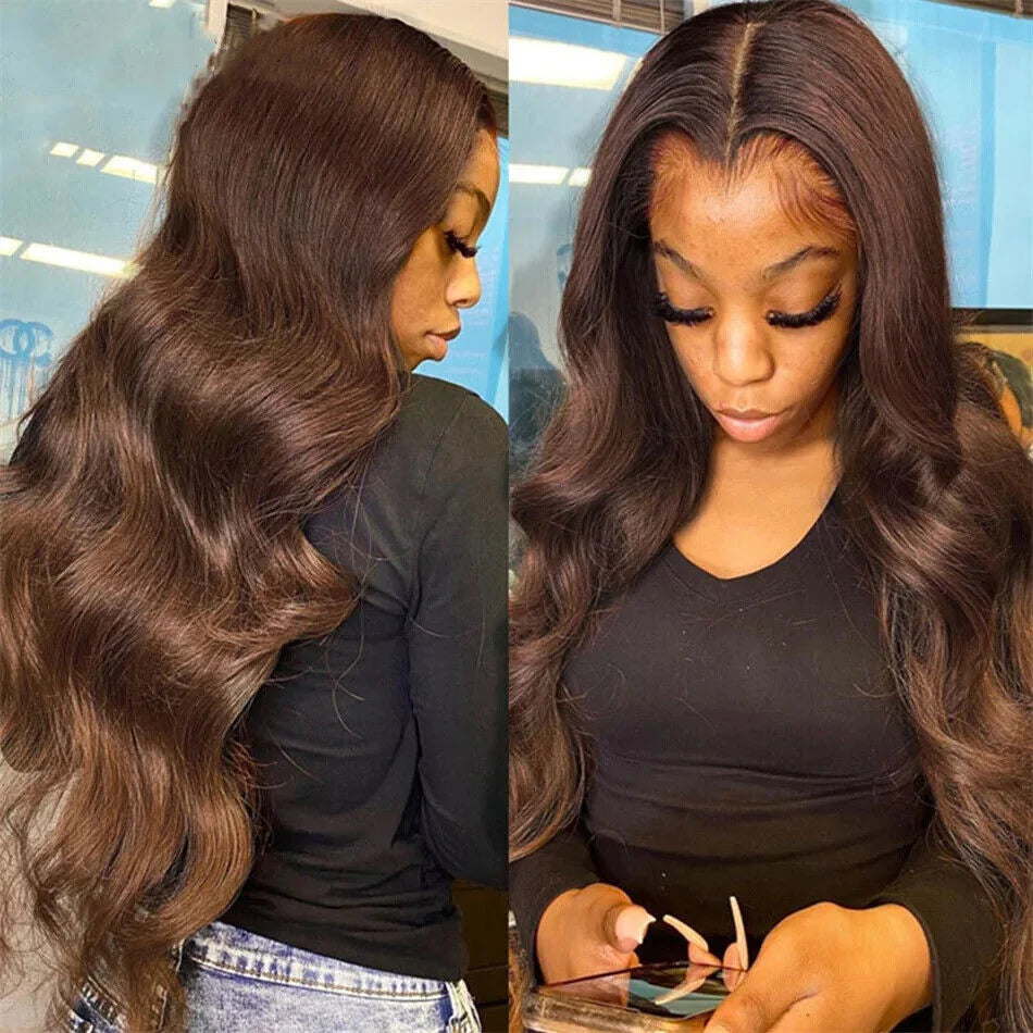 Body Wave Chocolate Brown Lace Front Wigs Human Hair Pre Plucked Brazilian Brown Virgin Hair HD Frontal Wig