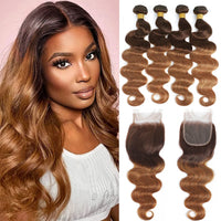 Thumbnail for Ombre Human Hair Bundles With Closure Body Wave 100% Unprocessed Virgin Hair Brown Blonde Colored 3/4 Bundles With Closure