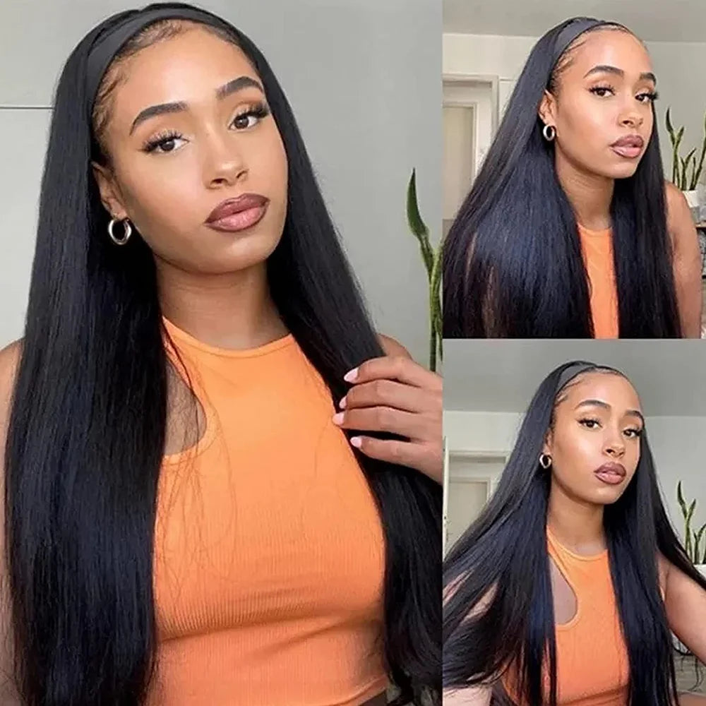 Headband Wig Human Hair Bone Straight Human Hair Wigs Peruvian Human Hair Wigs  Easy to Wear 180%