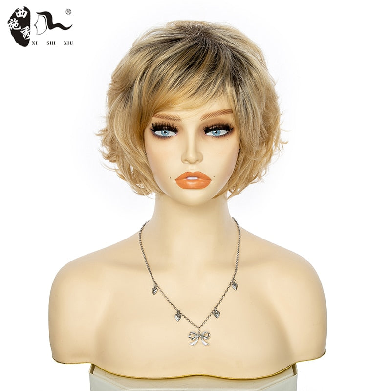 Short Ombre Blonde Synthetic Natural Wave Wigs Heat Resistant