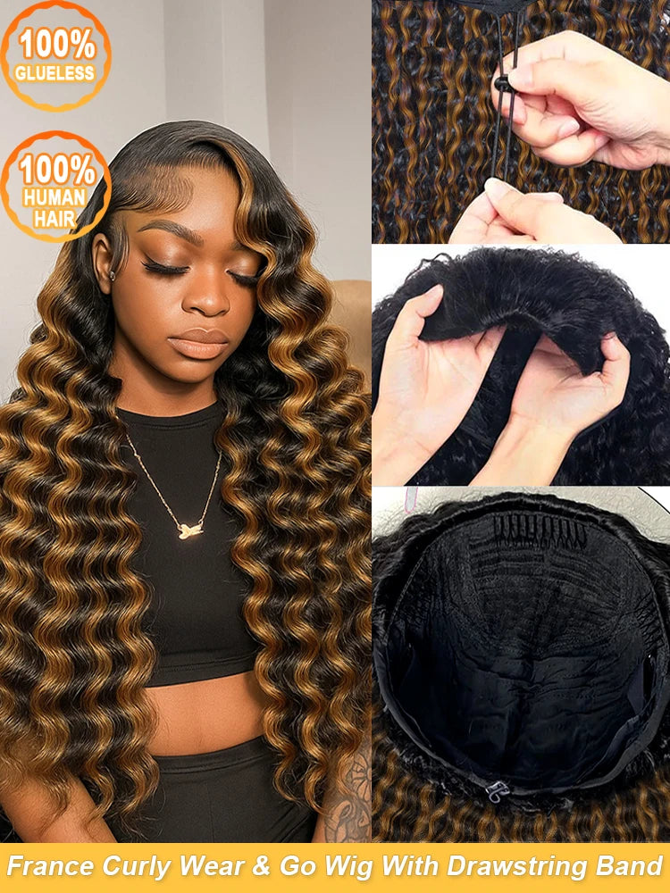 1b30 Highlight Half wig wear and go 3in1 Headband Wigs Human Hair Water Wave Wigs 100% Hair