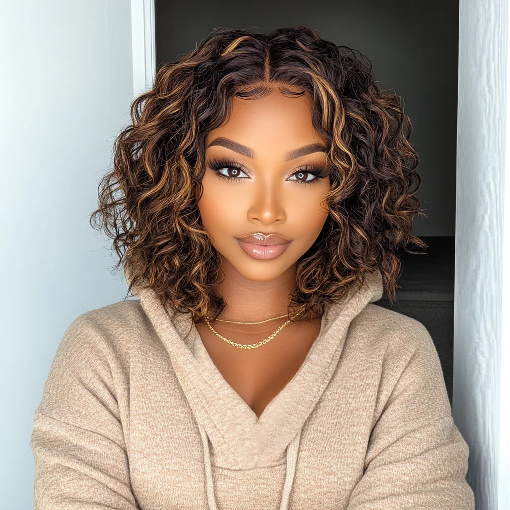 Sleek Short Curly Bob Lace Wigs P4/30/27 Highlight Colored Deep Wave Curly Lace Wigs